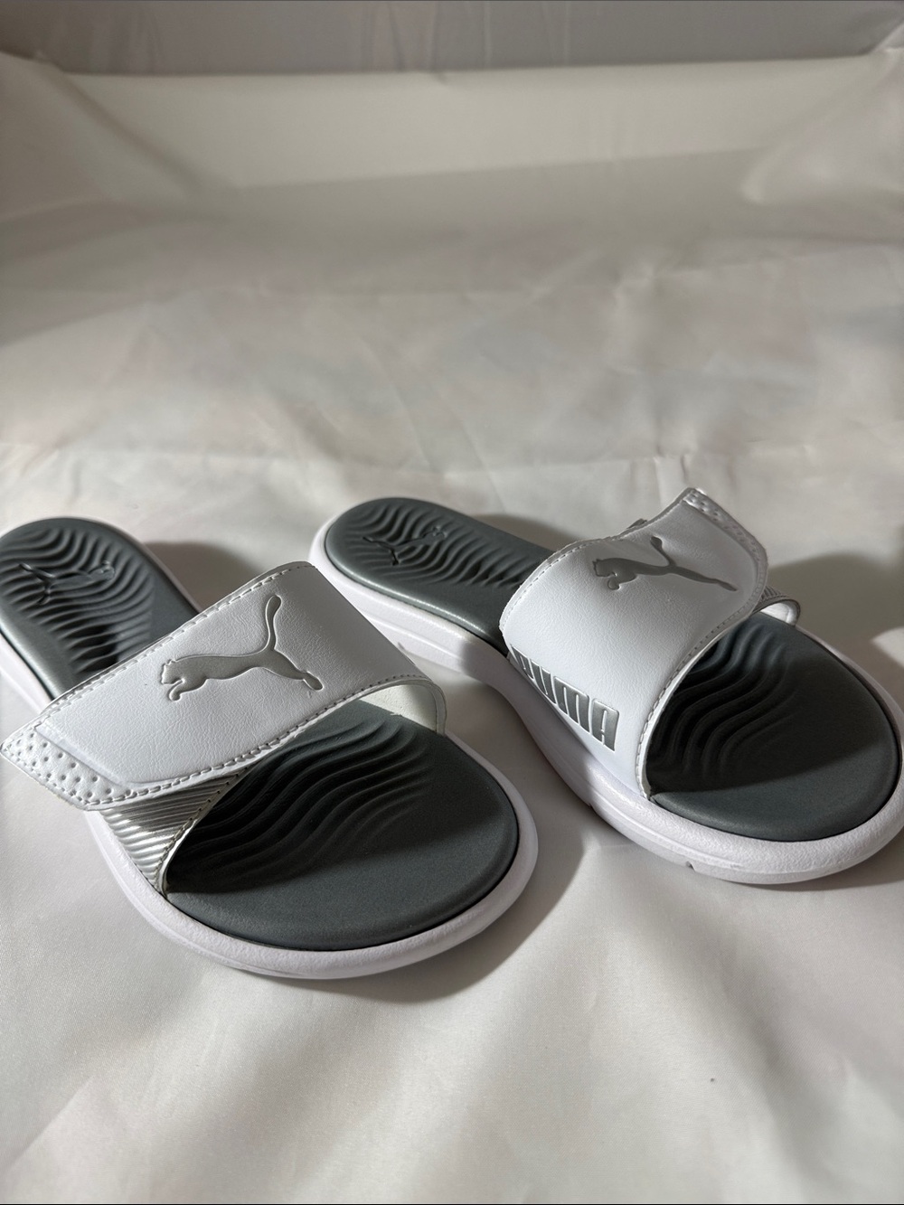 Puma White & Dark Gray Adjustable Slide Sandals Size 6